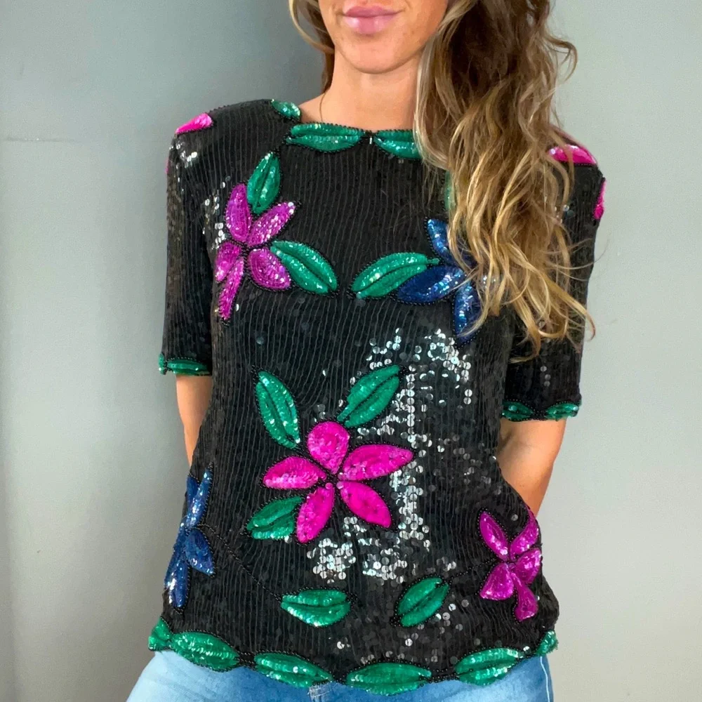 Vintage Stenay 100% Silk Floral Beaded Sequin Floral Blouse Shirt - Picture 3 of 7